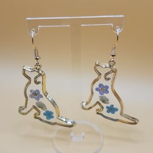 Gold Dog-Shaped Earrings with Blue Floral Accents